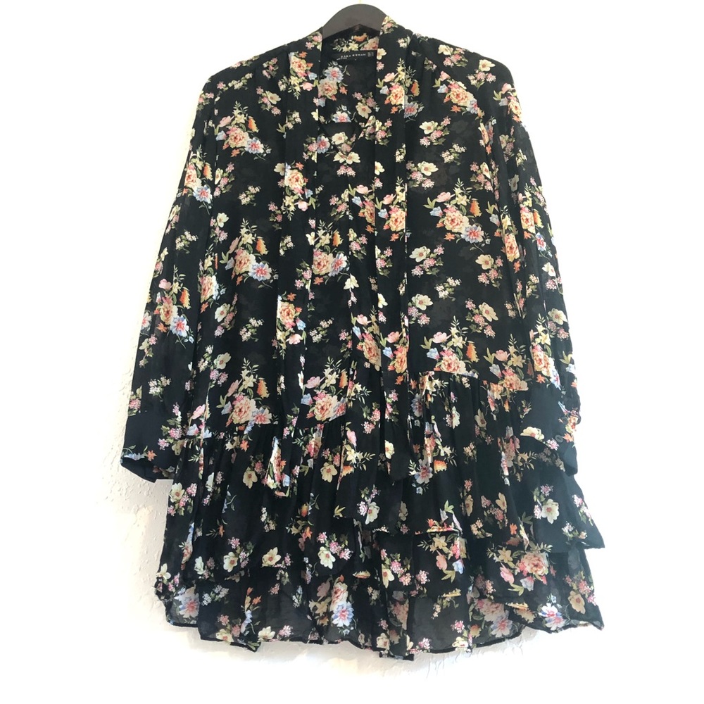 Zara Semi Sheer Floral Ruffle Hem Tie Neck Dress